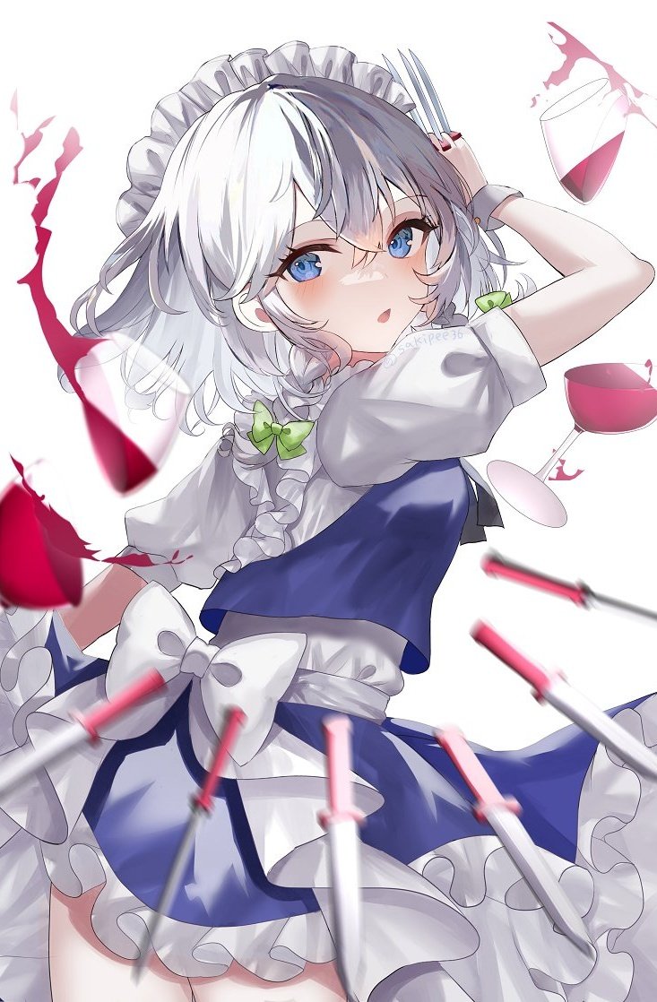 izayoi sakuya 1girl solo looking at viewer blush open mouth short hair blue eyes  illustration images