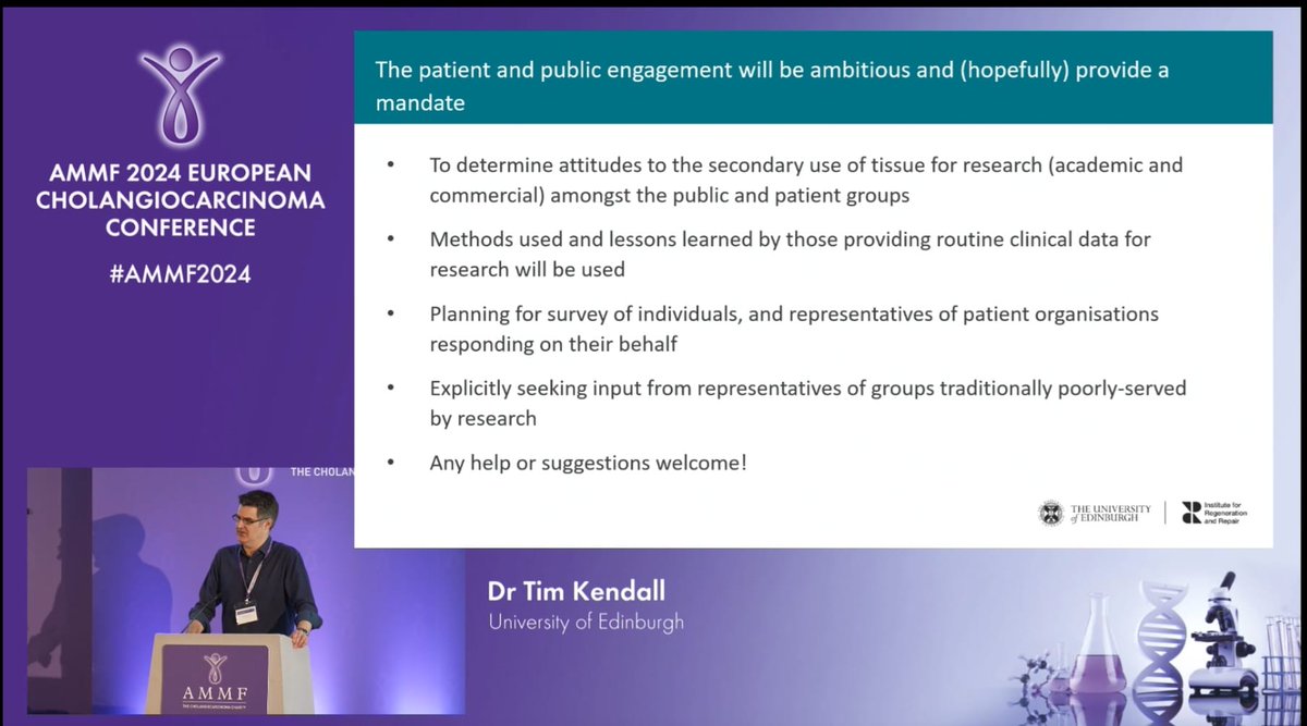 Dr. Tim Kendall from @EdinburghUni asked, 'What can we do to maximise what we have?' emphasising the need to use tissue in research. Tissue-derived information is increasingly necessary for personalised treatment #AMMF2024 #LiverTwitter #cholangiocarcinoma