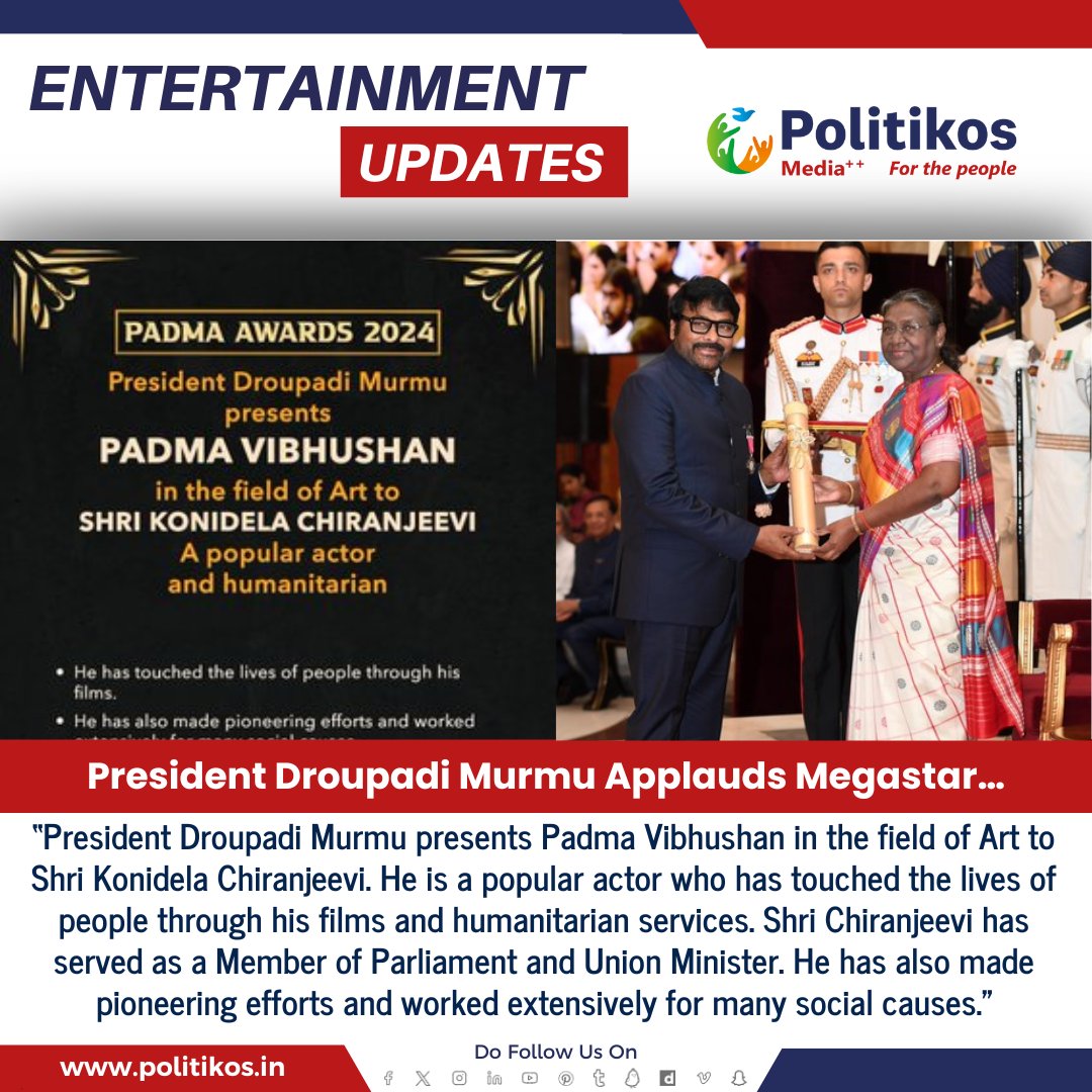 President Droupadi Murmu Applauds Megastar…
#politikos
#politikosentertainment
#PresidentApplauds
#LeadershipRecognition
#MegastarAppreciation
#InspiringLeaders
#RoleModel
#ExemplaryPerformance
#CelebratingExcellence
#NationBuilders
#PrideOfTheNation
#LeadershipInAction