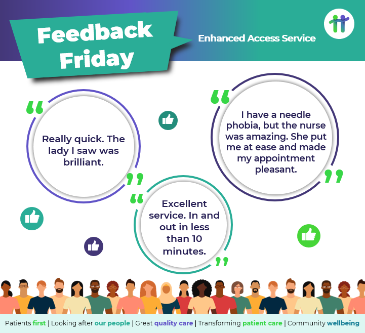 Our #EnhancedAccessService has received positive feedback.

See below to find out more!

#FeedbackFriday #PrimaryCare #GreatQualityCare #PutPatientsFirst #LeadTheWayInTransformingPatientCare #ContributeToTheWellbeingOfLocalCommunities