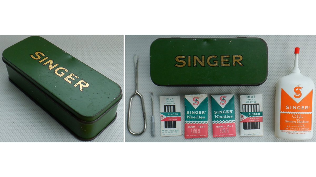 A vintage Singer sewing machine tin with contents including a small Singer branded screwdriver. 🛒 ebay.co.uk/itm/3055548573… #Vintage #FollowVintage #Singer #SewingBee #VintageTin #eBay