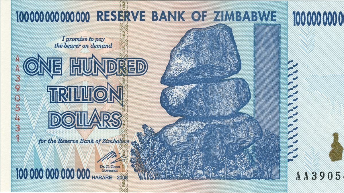 The $100 trillion note issued by the Reserve Bank of Zimbabwe which, due to hyperinflation, was worth just 40 US cents in 2016.