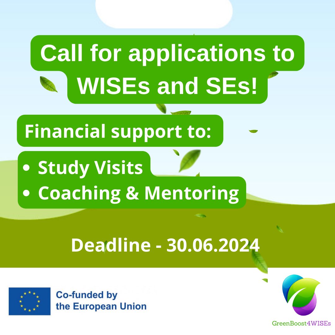 🌿 Exciting opportunity for WISEs and SEs interested in going green! Join enriching study visits in Italy, Ireland, Austria, and Belgium, plus coaching sessions to boost your green practices. Deadline: June 30, 2024. Details: bit.ly/44xY9bG #GreenBoost4WISEs🌍