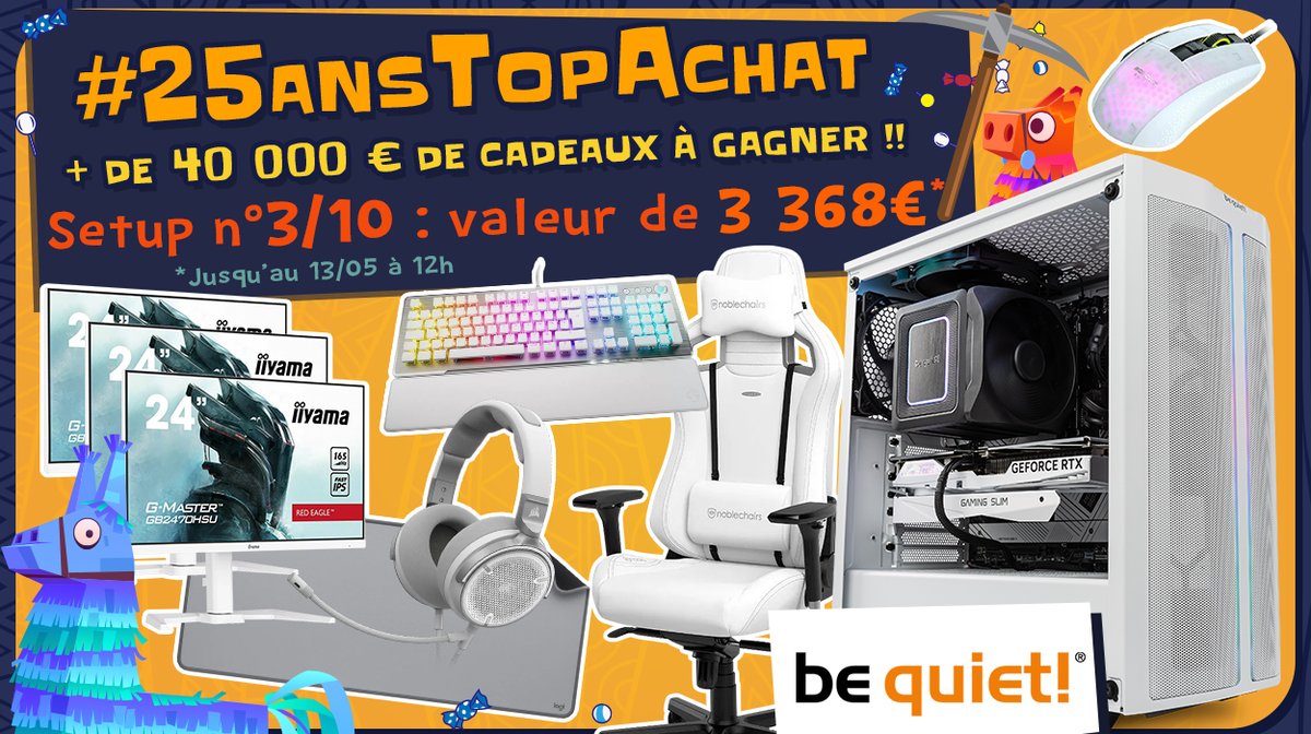 #Concours 🎁 #25AnsTopAchat 🎂 🔥 + de 40 000 € de cadeaux à gagner ! 🔥 On continue avec le #Setup3 de 3368€ ! Pour participer : ☑ #RT ce tweet ☑ Follow @TopAchat Participe aussi ici ⬇ ➡️ topachat.com/p/content/conc… 🍀 TAS le 13/05 à 12h