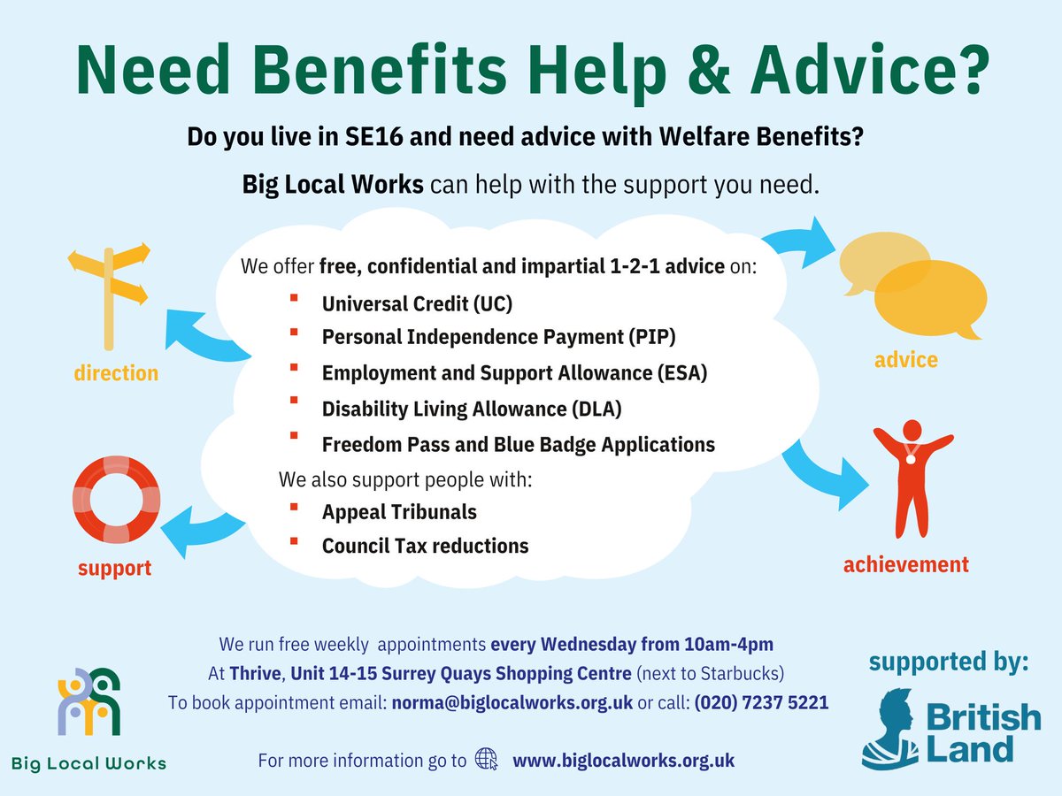 Need advice or support with Benefits? Live in SE16 - Rotherhithe, Surrey Docks or Canada Water? We offer FREE benefits advice & support to local residents every Wedn @SurreyQuays Details 👇 Every Wedn 10-4pm @ Thrive @SurreyQuays (next to Starbucks) For appts 020 7237 5221