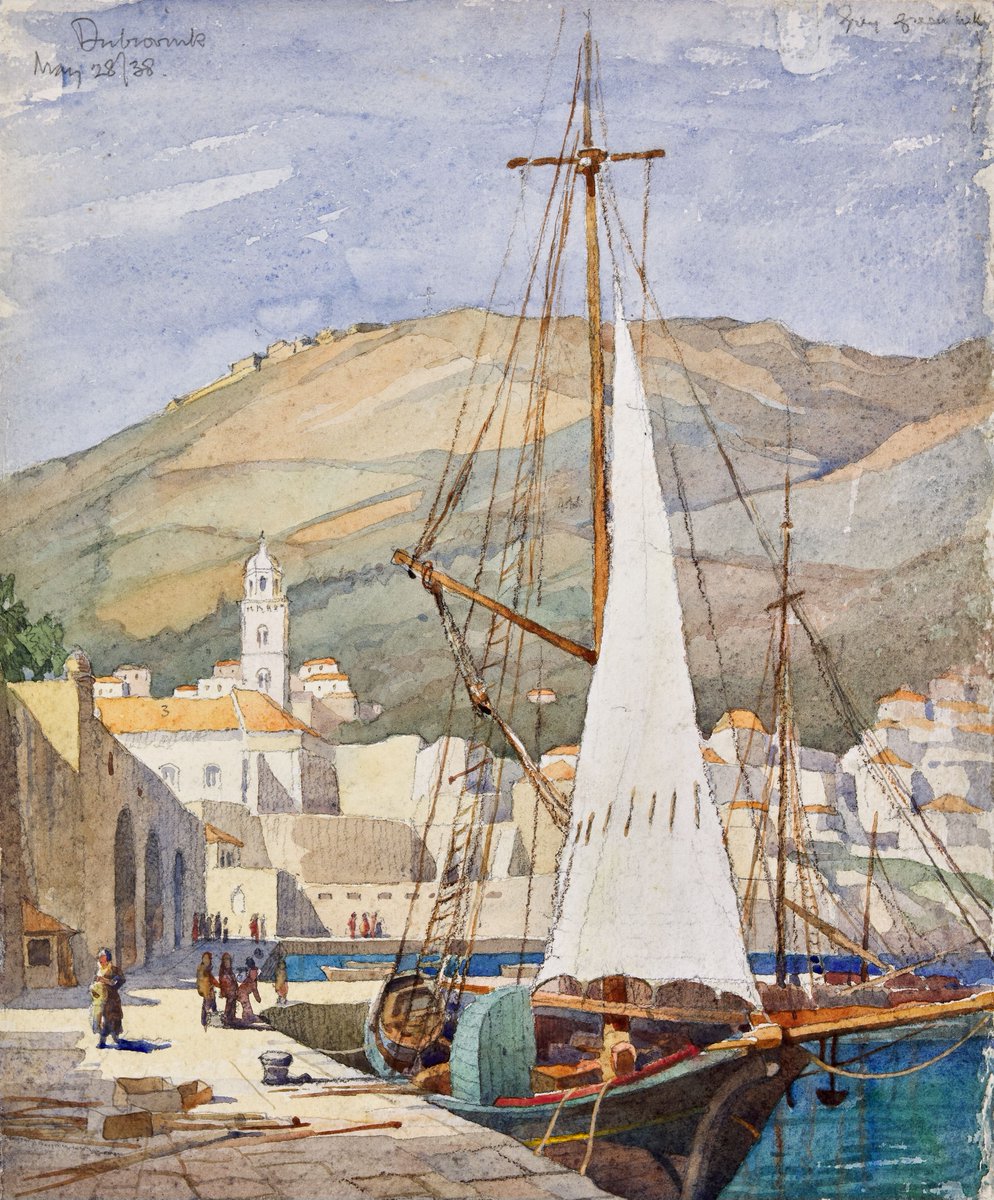 Dubrovnik - The Harbour by Birmingham artist and architect Ernest C Bewlay, 1938. I am enjoying discovering his watercolours in Birmingham's collection. dams.birminghammuseums.org.uk #PublicDomain #CC0