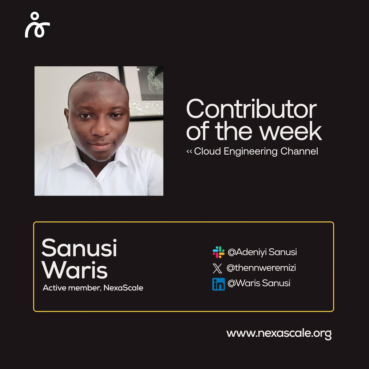 Congratulations to @sanusi_waris for being the most engaging person on the NexaScale Cloud Engineering channel. He's been so engaging, knowledgeable, and always willing to lend his voice. He is a great role model for people in Tech, and we're lucky to have him in our community.