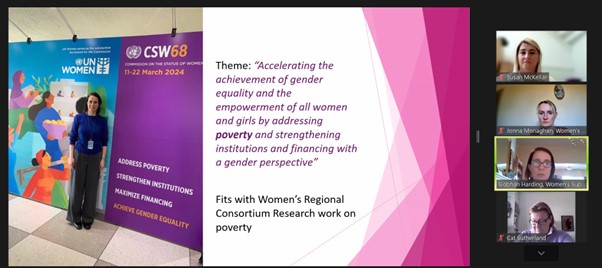 We're underway with our #CSW68 follow up webinar. @siobhanpharding @WSN_NI sharing her experience of CSW: so inspiring to feel the solidarity of women from across the world, lots of learning including on poverty and care, relevant to own work.