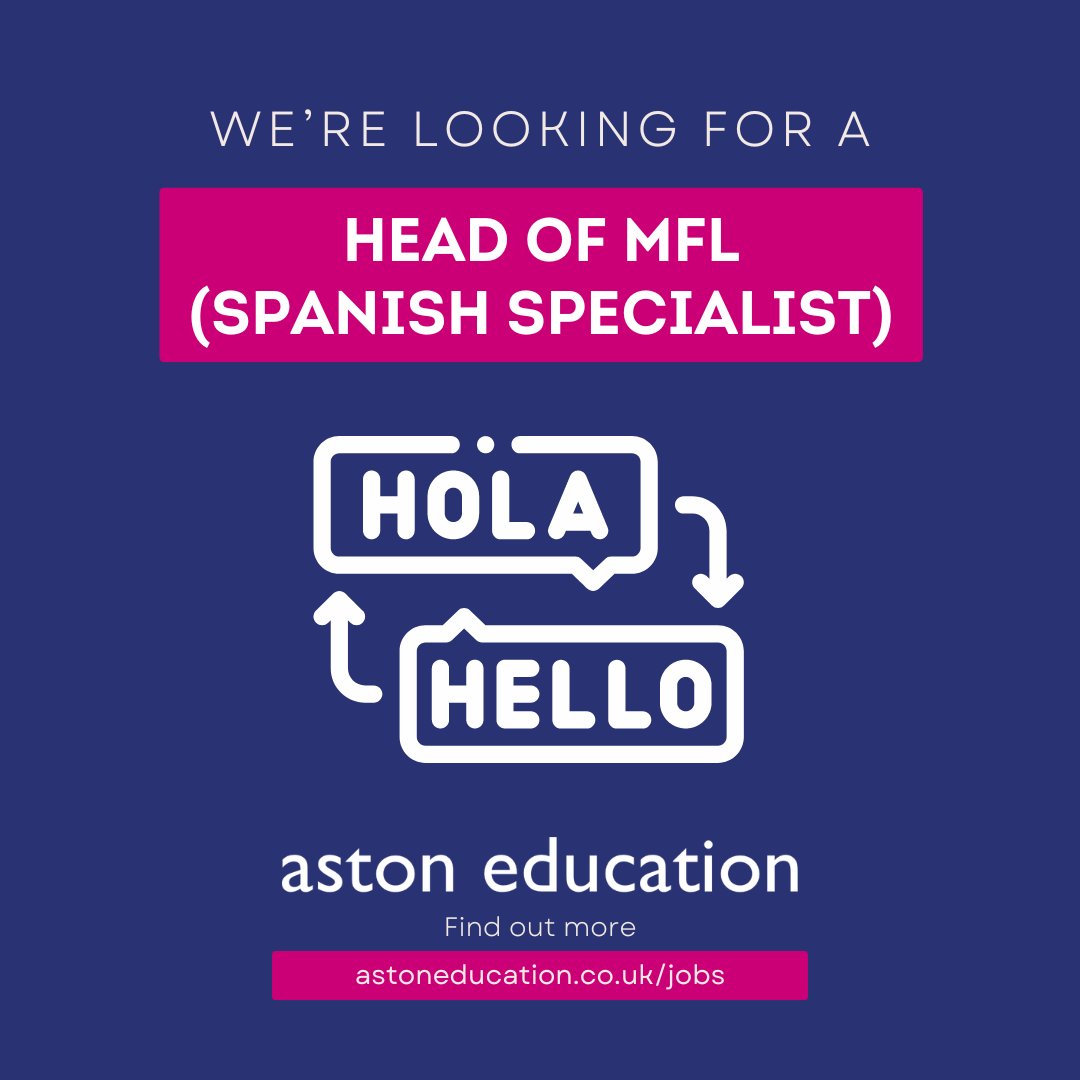 🌍 Lead Language Learning!

🇪🇸 Seeking a Head of MFL (Spanish Specialist) in Bexley!

astoneducation.co.uk/jobs/mflspa502…

#MFLJobs #TeachingJobs #EducationLeadership #BexleyJobs #LondonTeachingJobs #SpanishTeacher #HeadOfMFL #AstonEducation