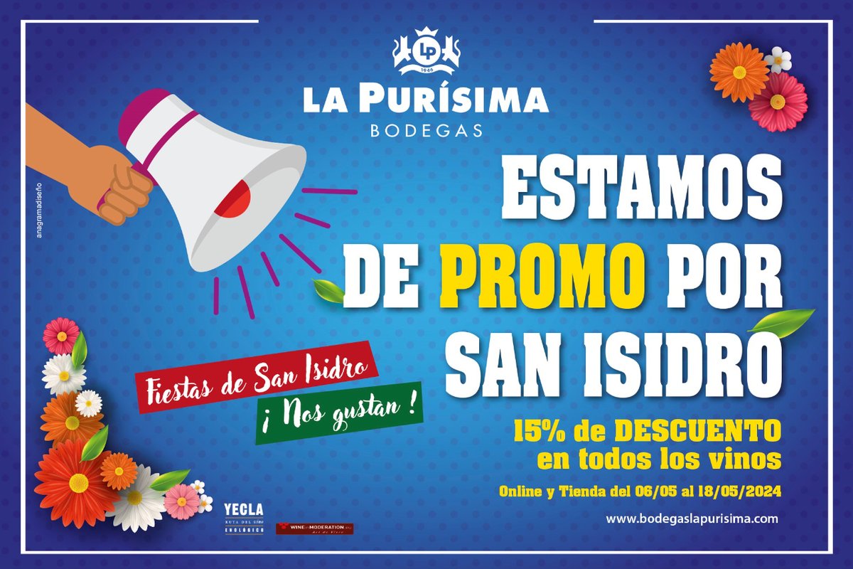 ¿Todavía no te has enterado? 🎉🍷 ¡15% de descuento en TODOS nuestros vinos hasta el 18 de mayo! 🍷 Promoción disponible en bodegaslapurisima.com #SanIsidro #Promo #Vinos #Yecla