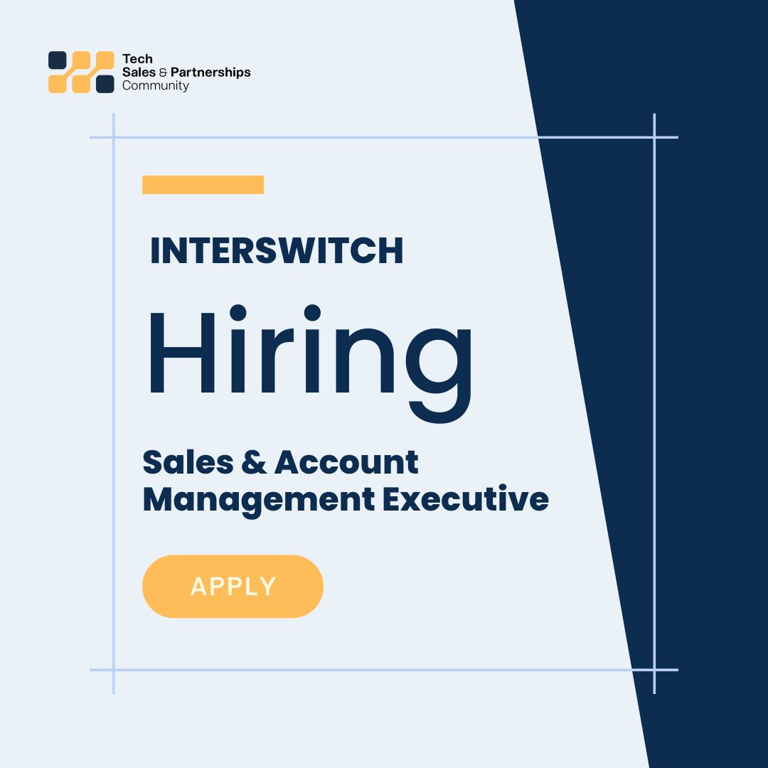 🚨JOB POST 🚨
Interswitch is hiring a Sales & Account Management Executive.

💼 3 years of experience 
⌛  Application deadline is May 13th

To apply, email 📧 Talentacquisition@interswitchgroup.com

📩 Email subject should be 'Sales and Account Management Executive'

#hiring