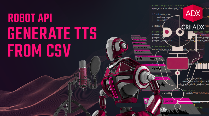 CRI_Middleware's tweet photo. In our latest blog, we leverage the CRI Robot API in ADX to import a CSV file and generate audio dialog using Text-To-Speech, automatically creating the Materials and Cues along the way! 👄🔊
https://t.co/9CDV26yHwO
#gameaudio #gamedev #indiedev #adx2 https://t.co/5ajjTbPFbR