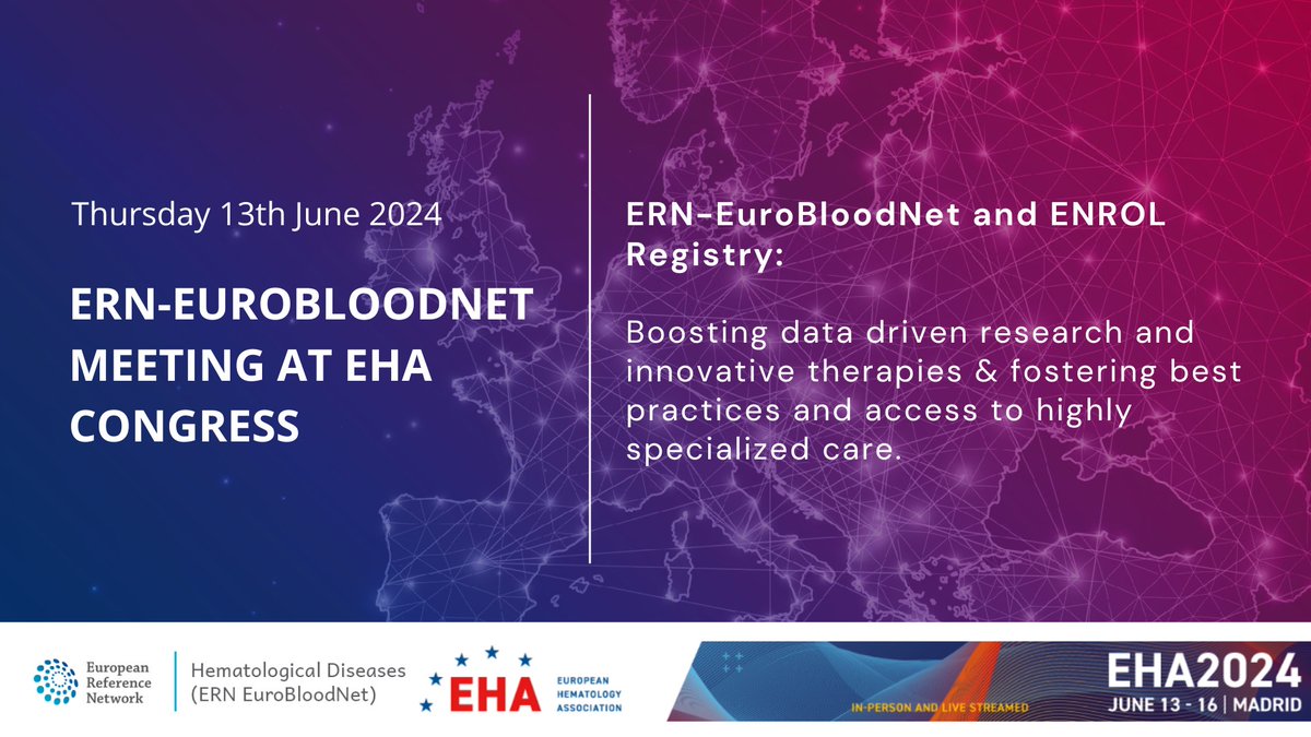 🎯​@ERNEuroBloodNet Meeting at @EHA_Hematology Annual Congress in Madrid 2024! Find out what we will be focusing on in this edition and the full agenda: bit.ly/3UzvmyS 📍Thursday 13th June 2024 from 13:00 to 16:00. #ERNeu #ERNs #HealthUnion #EU4Health #ShareCareCure