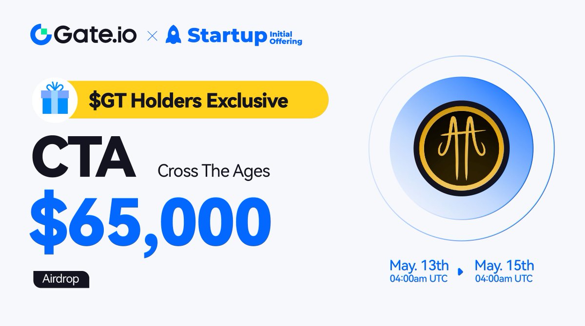 Gate.io Startup Initial Free Offering: 260,000 $CTA #Airdrops @CrossTheAges 🪂 $GT Holder Exclusive ⏰Duration: 4:00AM, May 13 - May 15 (UTC) ⏰Trading: 8:00AM, May 15 (UTC) Claim: gate.io/startup/1490 More: gate.io/article/36504 #GateioStartup