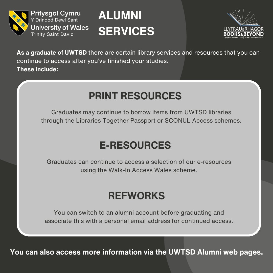 As a graduate of UWTSD there are certain library services and resources that you can continue to access after you’ve finished your studies. You can access more information via the UWTSD Alumni web pages: uwtsd.ac.uk/alumni #UWTSDlib #UWTSDleavers