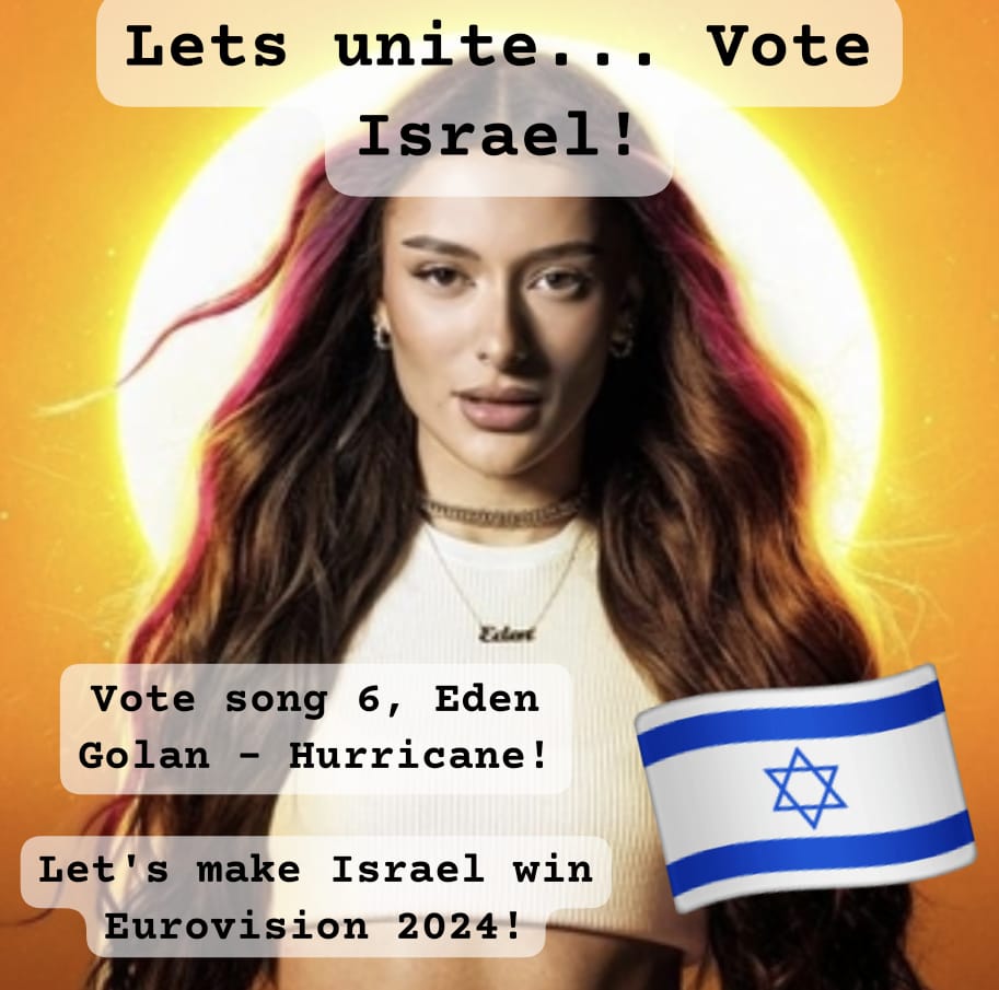 Televote in Italy showed: we are with more! Unite & vote for #Israel AGAIN in the Grand Final of #Eurovision! Vote song 6: Eden Golan - Hurricane! Stand up against the anti-Semitism all over the world, like in Amsterdam at the #uvaprotesten. 💪🏻 ❤️🇮🇱🎗️ #Eurovision2024 #Esf24