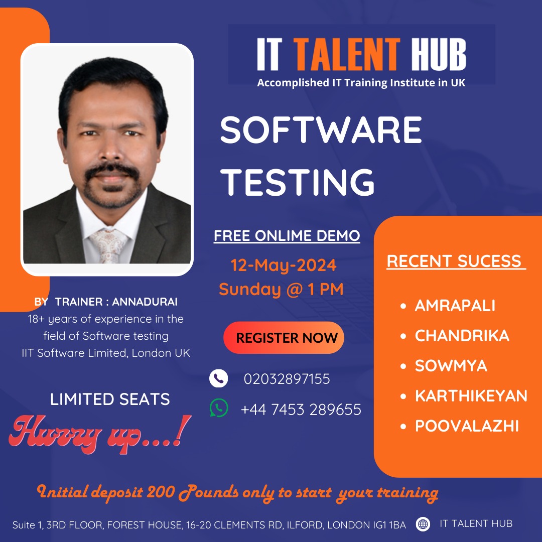 Attend our FREE "SOFTWARE TESTING" Free Online Demo on 12th May- Sunday@1PM.

For Regular Updates join this group:
chat.whatsapp.com/KDpxhGPlbUAC2V…

Join demo using the below link:
tinyurl.com/May-testing

Register here to get course Curriculum:
forms.gle/EtFK6UMs4uveos…