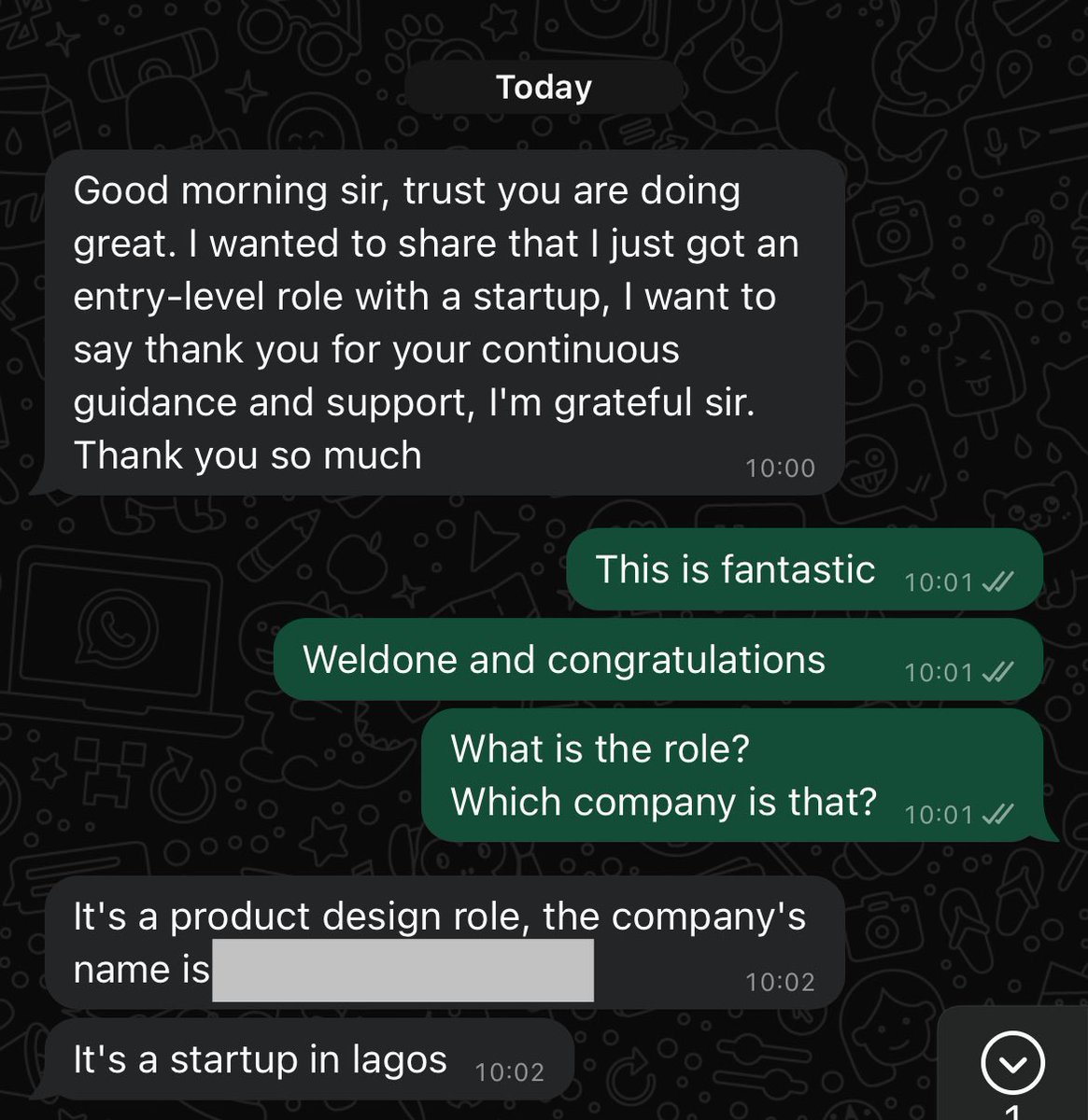 Things I love to see. 
Took in some people last year as mentees for FREE, and I’m so happy that many of them have gotten design jobs. (The serious ones at least)

Might just start another product design mentorship cohort soon.