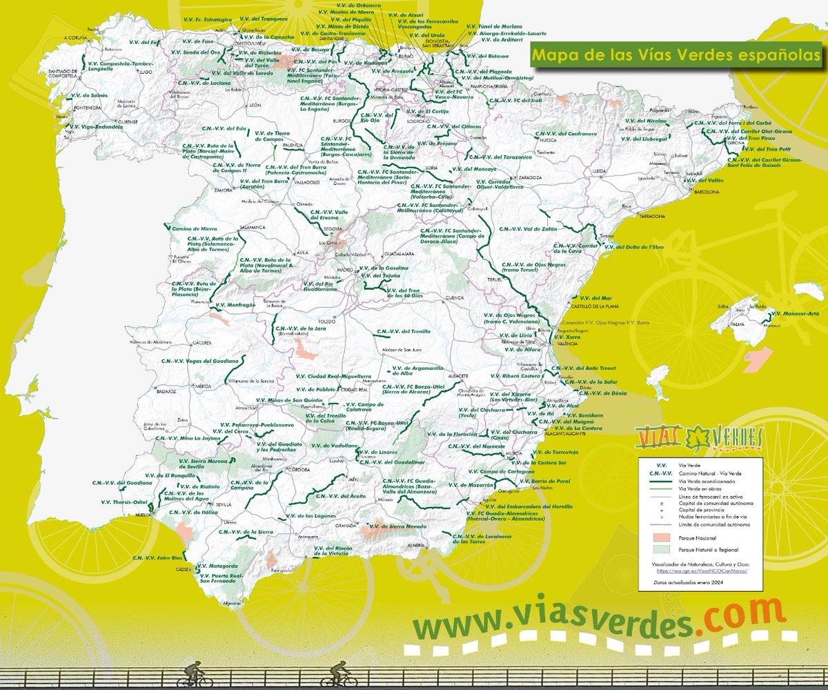 🗺️Mapa de las Vías Verdes españolas🛤️ Este mes, el #AtlasNacionaldeEspaña destaca este #mapa con las #VíasVerdes (trazados ferroviarios reconvertidos en itinerarios no motorizados)👉atlasnacional.ign.es #IGNSpain #CNIG #DNVV2024 #VíaSostenible @transportesgob @viasverdes_ffe