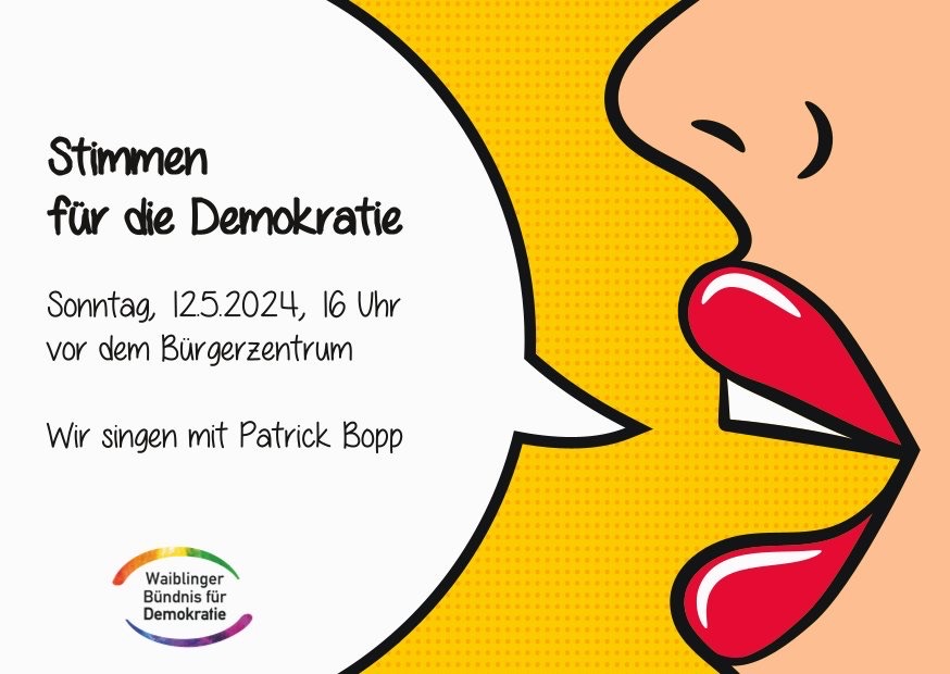 #SaveTheDate #Waiblingen 12.05.24 16:00 Uhr

Motto: Stimmen für die Demokratie

Waiblingen, Bürgerzentrum
An d. Talaue 4,

#WirSindDieBrandmauer #NieWiederIstJetzt #LautGegenRechts #SeiEinMensch #NoAfD