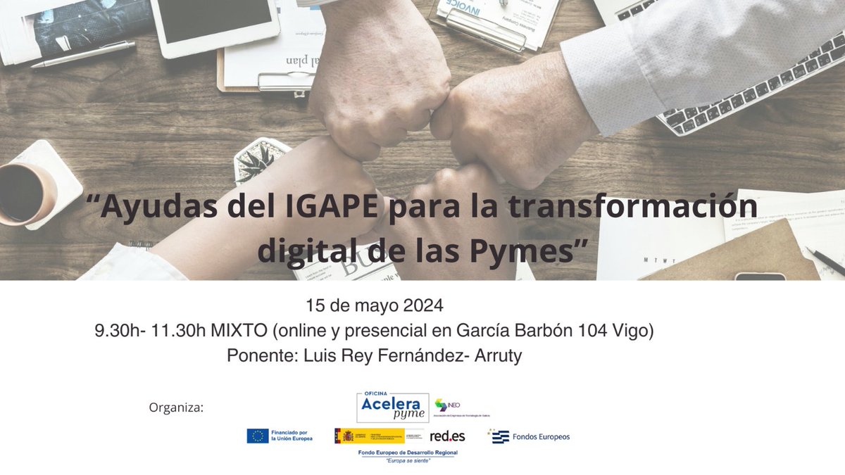 📢¡Nuevo taller! El 15 de mayo nuestro director de operaciones, Luis Rey, hablará sobre las ayudas del @IgapeXunta para la #transformacióndigital de Pymes.

👉Inscríbete en cutt.ly/seef1SyH

#FEDER #Europasesiente #OficinasAceleraPyme #Acelerapyme