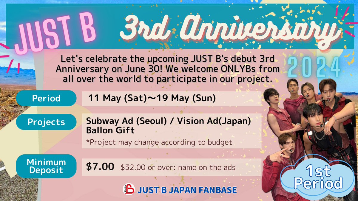 📢JUST B 3rd Anniversary SUPPORT We are holding a fundrasing support to celebrate JUST B's 3rd Anniversary🎉 📆Period: 11–19 May 23:59 KST 💵Minimum Deposit: $7.00 (PayPal) docs.google.com/forms/d/e/1FAI… Let's celebrate together🎉🥳🎵 #JUSTB #저스트비 #ジャストビ @JUSTB_Official