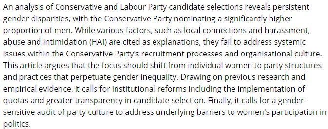 Great @po_qu article by my fab @QMPoliticsIR colleague @SofiaColMar on 'Addressing Barriers to Women's Representation in Party Candidate Selections' onlinelibrary.wiley.com/doi/10.1111/14… 👏Sofia 😉