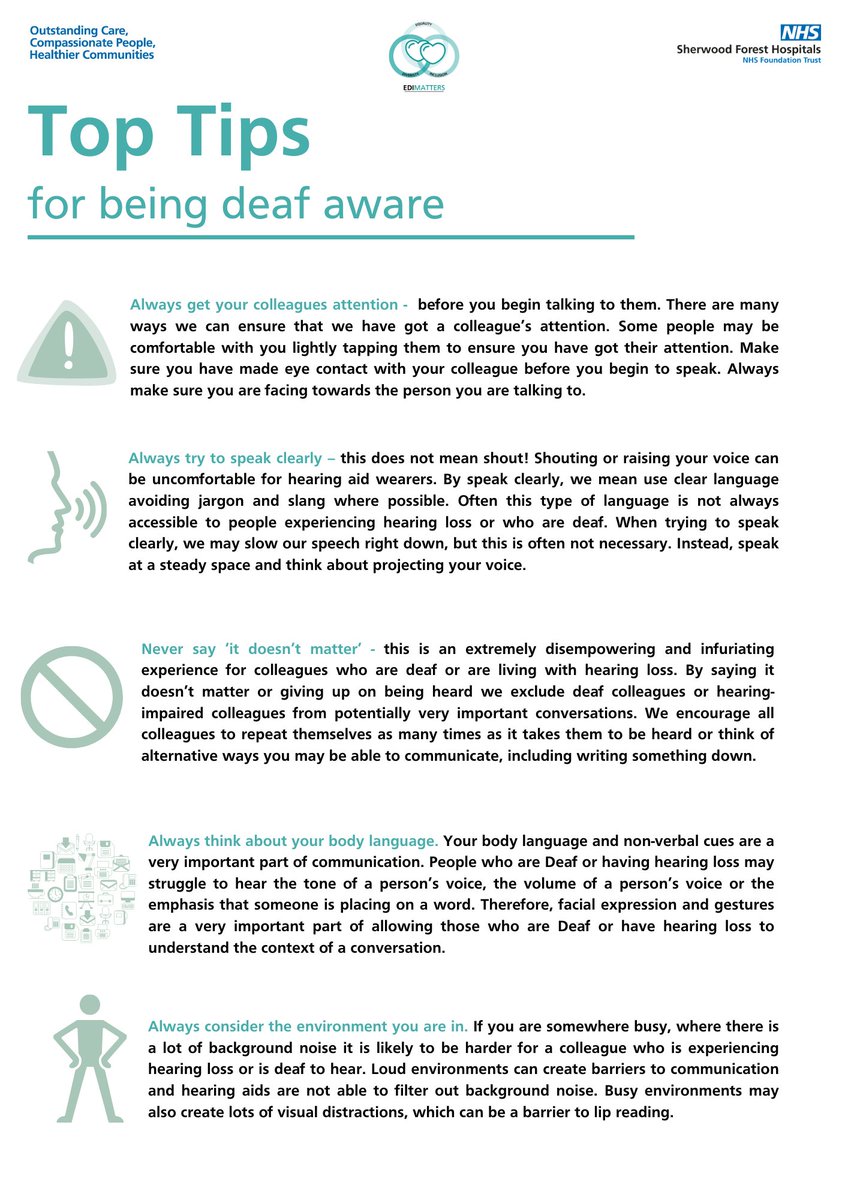 SFH Equality, Diversity, Inclusivity (@equalitysfh) on Twitter photo This week is Deaf Awareness Week! We have 5 top tips for supporting your colleagues who are deaf or experiencing hearing loss. We would also like to re-share our amazing deaf awareness videos youtu.be/R4cmiiHl8bs?si…
<a href="/SFHFT/">Sherwood Forest Hospitals NHS FT</a> <a href="/SFH_PeopleHR/">People Team at Sherwood Forest Hospitals NHS FT</a> This week is Deaf Awareness Week! We have 5 top tips for supporting your colleagues who are deaf or experiencing hearing loss. We would also like to re-share our amazing deaf awareness videos youtu.be/R4cmiiHl8bs?si…
<a href="/SFHFT/">Sherwood Forest Hospitals NHS FT</a> <a href="/SFH_PeopleHR/">People Team at Sherwood Forest Hospitals NHS FT</a>