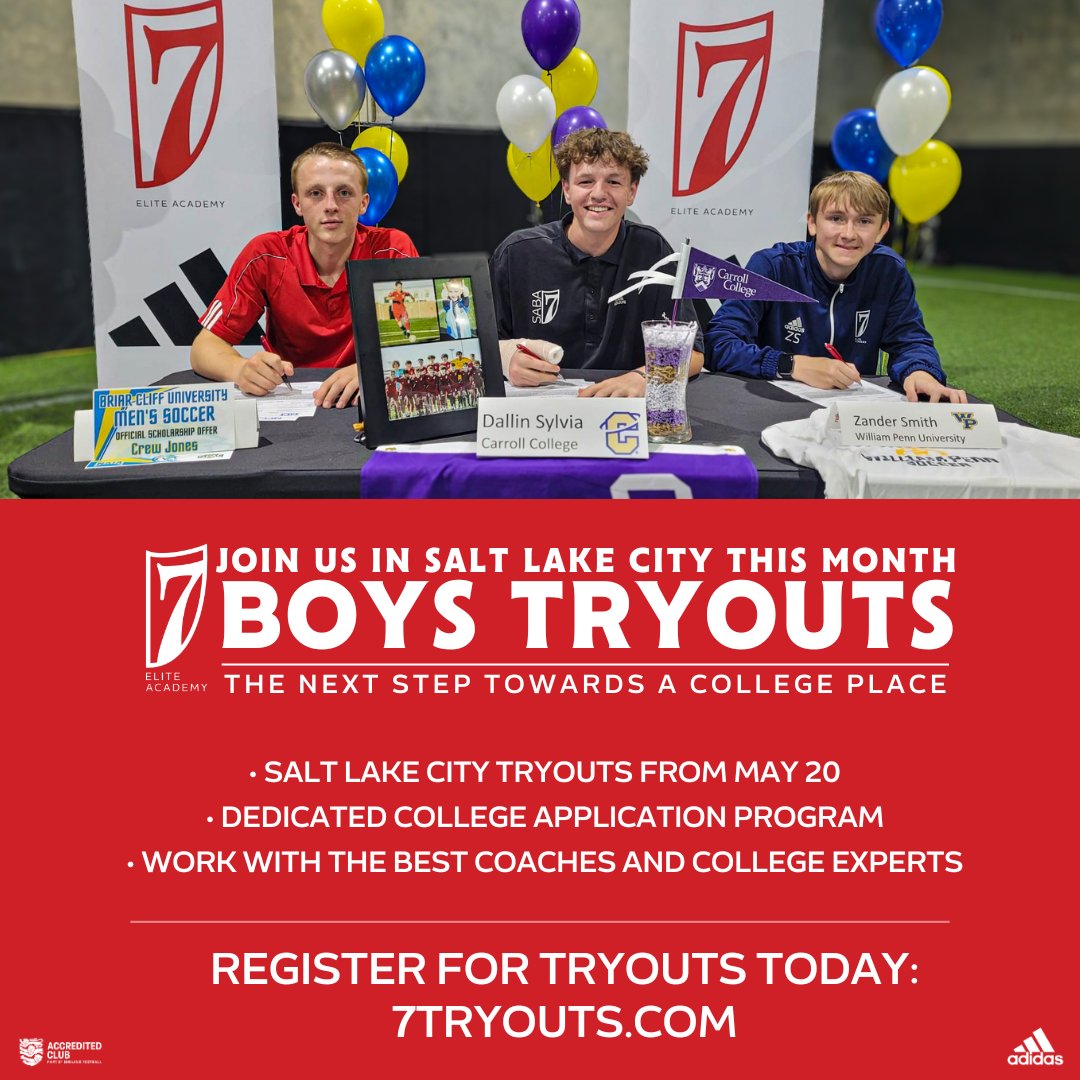 TRYOUTS 🇺🇸🇬🇧🇹🇿 We're looking for boys to join our teams across the age groups in SLC this month ✍️

Players can give their scholarship opportunities a boost with our dedicated college application program 🎓⚽️

REGISTER 👇
7tryouts.com

#7EliteSABA | #CollegeSoccer