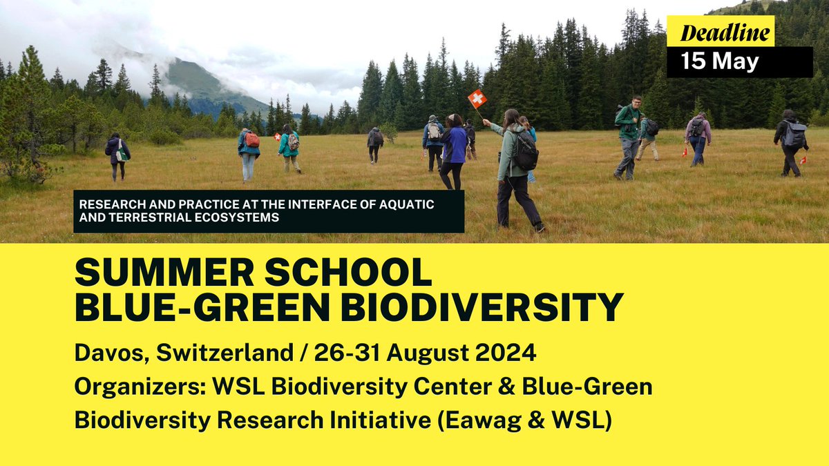 Only 5 days left to apply to our Summer School on Blue-Green Biodiversity!
Join us in Davos to learn more about aquatic & terrestrial ecosystems from an interdisciplinary lens
✅Superb speakers
✅Lectures+excursions
✅Reduced fees: students LMIC countries
wsl.ch/en/events-and-…