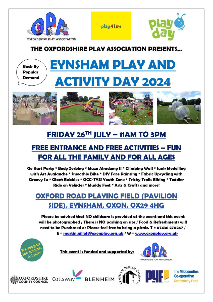 We are delighted to be returning to Eynsham for our annual Play & Activity Day on Friday 26th July - FREE Entrance & FREE Activities - See You There 👍 @eynsham1 @EynshamPC @Cottsway @actsoxfordshire