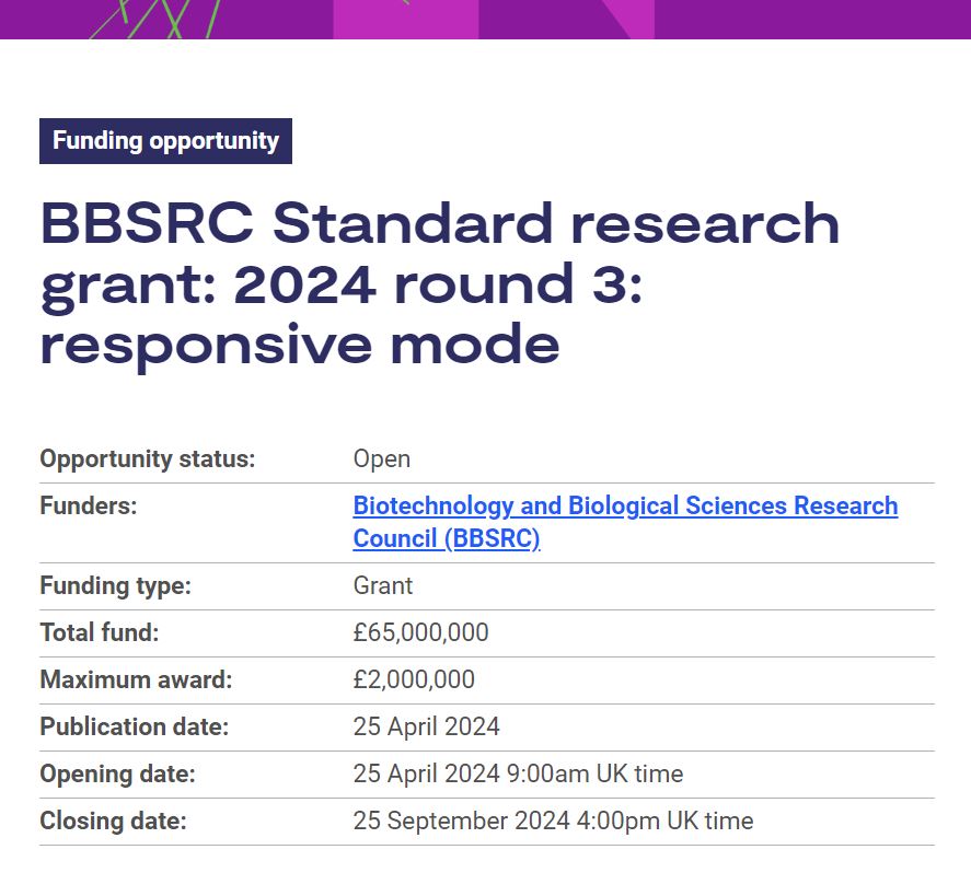 Funding Opportunity | BBSRC Standard research grant: 2024 round 3: responsive mode Available for researchers at eligible research organisations, this scheme supports excellent investigator-led research across the breadth of the BBSRC scientific remit. orlo.uk/6duNM