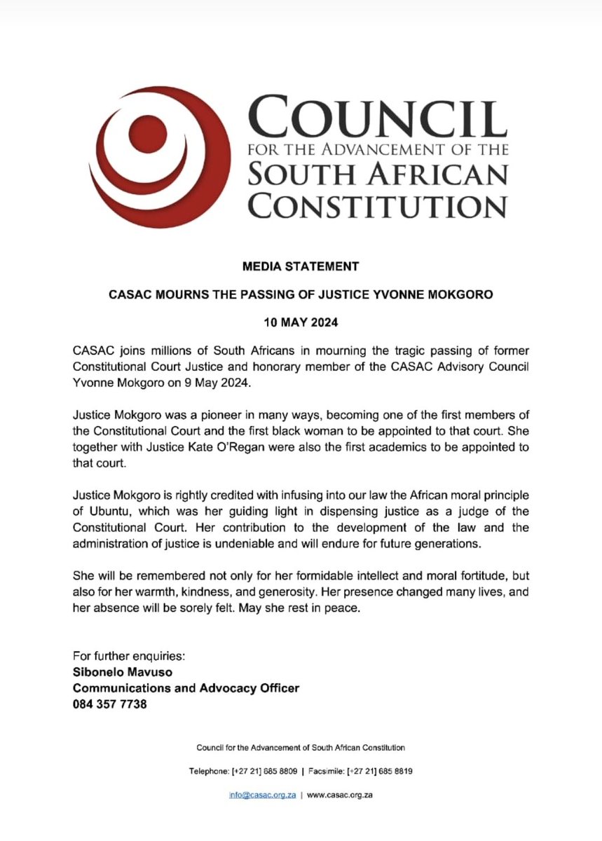 CASAC joins millions of South Africans in mourning the tragic passing of former Constitutional Court Justice and honorary member of the CASAC Advisory Council Yvonne Mokgoro on 9 May 2024. Justice Mokgoro was a pioneer in many ways, becoming