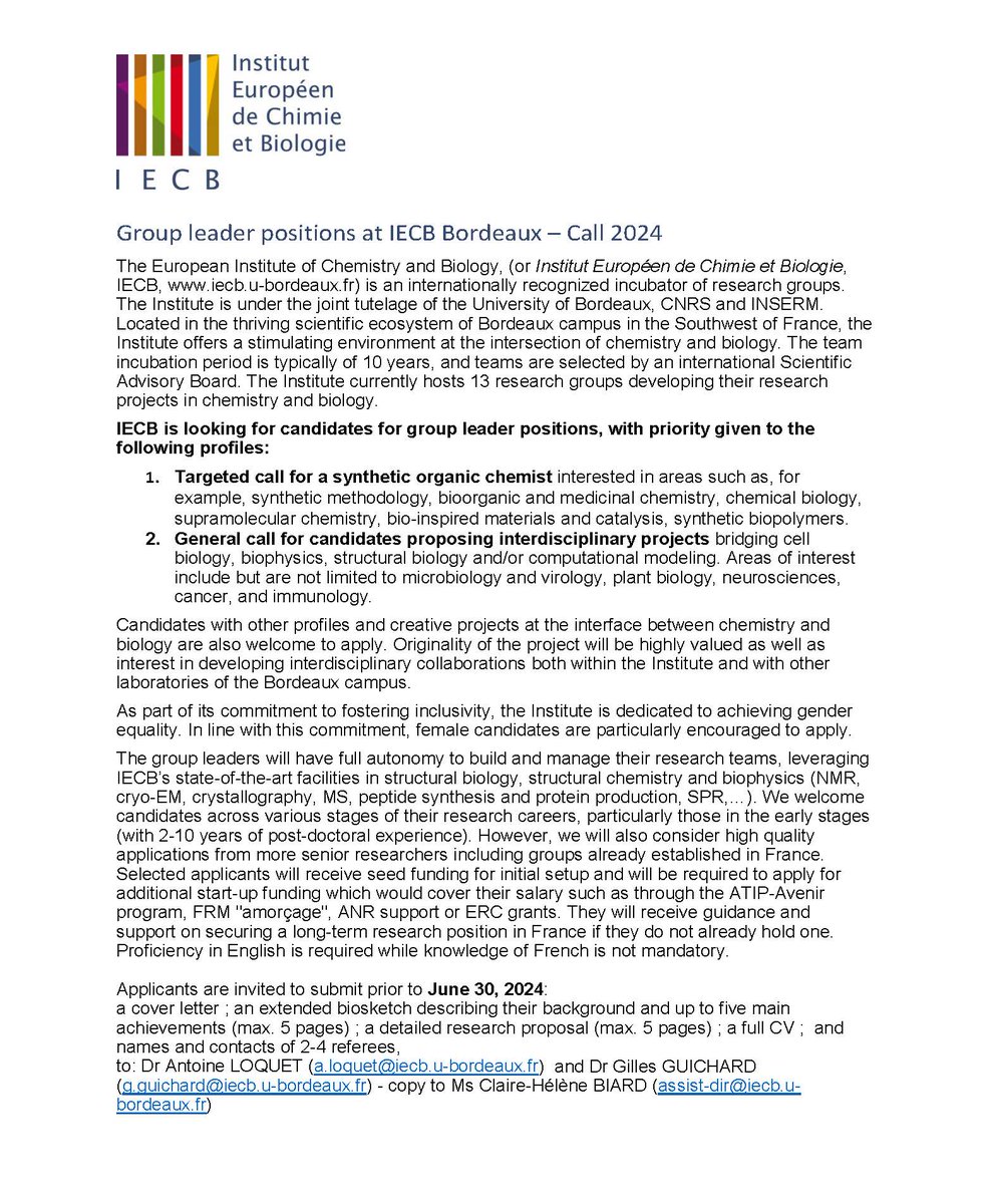 The 2024 call for new group leaders at @iecb_bordeaux is now open! We're specifically seeking two profiles, one in synthetic organic chemistry⚗️and one with broader focus at the chemistry-biology interface🧪. All interested candidates apply by June 30th. See attachment 🤓👇