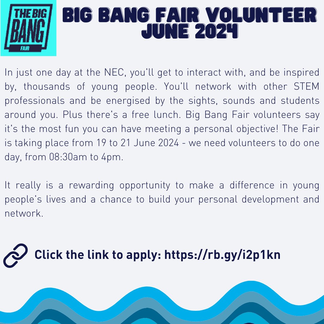 📌Are you passionate and keen to inspire the next generation of scientists and engineers?

📢 Become a Big Bang Fair volunteer!

🔗 Click the following link to apply:   rb.gy/i2p1kn