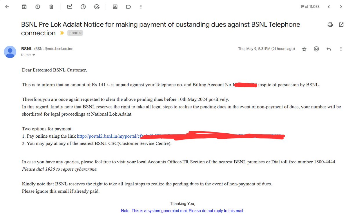 Dear @BSNLCorporate @BSNLUPWEST, If I had closed the connection more than two years ago, how is it possible for this bill to be generated? Also, if the connection is not closed yet, it is the fault of your employees, not mine. I have completed all the formalities from my end.