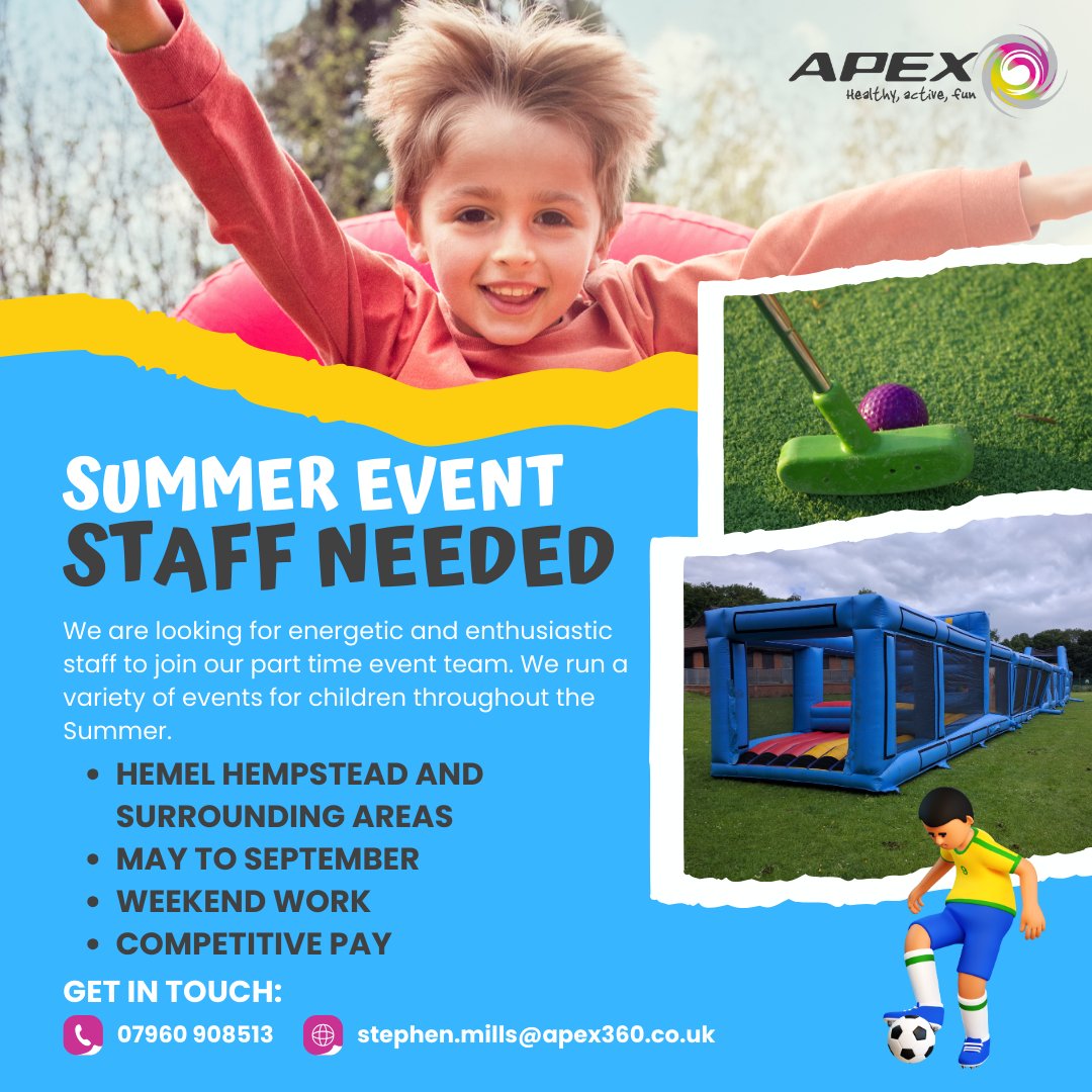 Apex 360 (@apex360uk) on Twitter photo #hiring . We have a busy Summer schedule of events starting soon and we are looking for staff to join our team! If you are energetic, enthusiastic and love working with children then please do get in touch with Stephen Mills on 07960 908513 or by email stephen.mills@apex360.co.uk #hiring . We have a busy Summer schedule of events starting soon and we are looking for staff to join our team! If you are energetic, enthusiastic and love working with children then please do get in touch with Stephen Mills on 07960 908513 or by email stephen.mills@apex360.co.uk