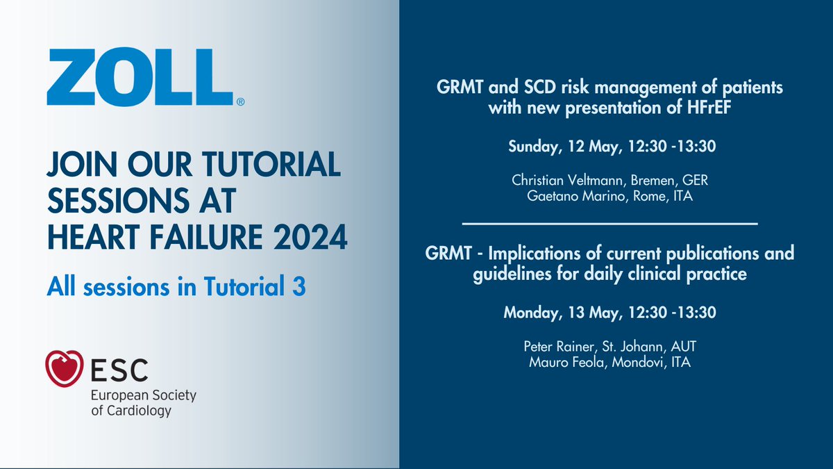 Attn #HeartFailure2024 attendees: ZOLL is hosting two tutorials, today about GRMT and SCD risk in HFrEF patients, and tomorrow about the implications of publications and guidelines for clinical practice. Join us! #HFA_ESC #heartfailure #cardiotwitter bit.ly/4dxRguY