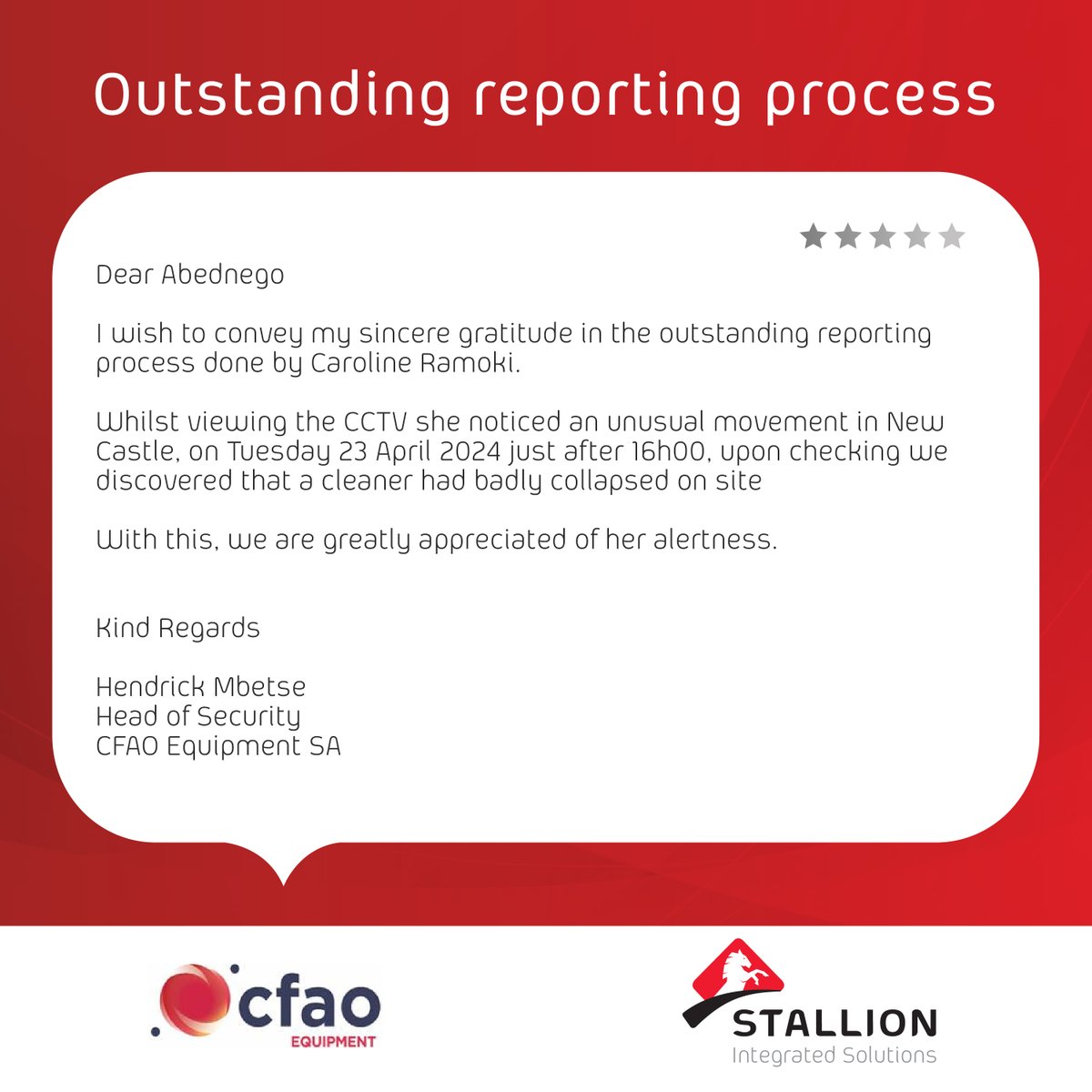 StallionInteg's tweet photo. Thank you, Hendrick Mbetse of CFAO Equipment SA, for your kind words! We are grateful for Caroline Ramoki's vigilance and her outstanding contribution to ensuring safety at all times.
#StallionIntegratedSolutions #CreatingConfidence #ClientAppreciation https://t.co/raYWVKrTW8