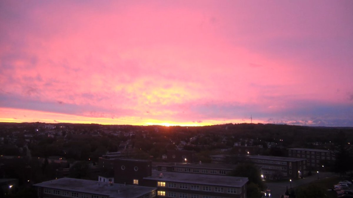 PINK sky over Worcester this Friday morning with showers to the south #WCVB