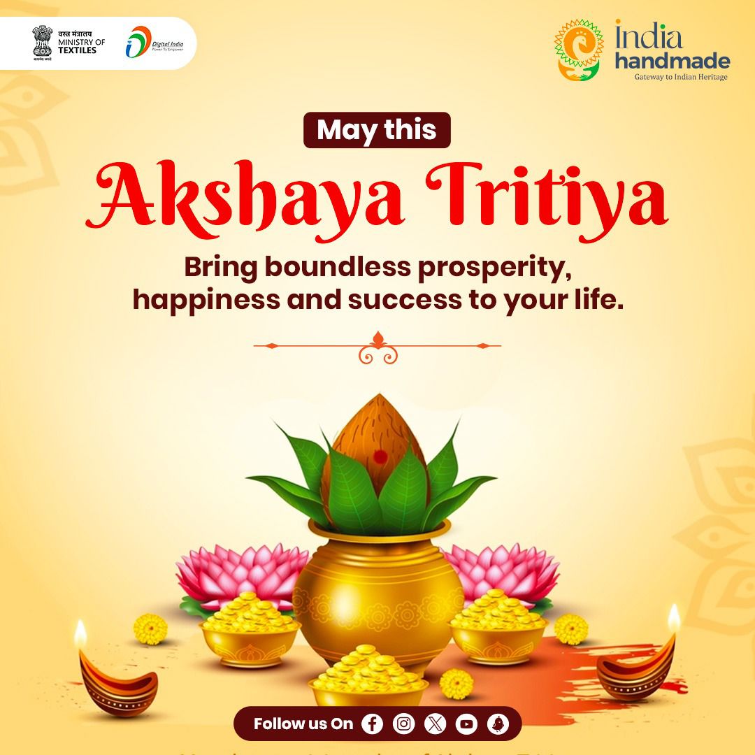 May the blessings of Lord Vishnu and Goddess Lakshmi shower upon you, bringing prosperity and happiness. Happy Akshaya Tritiya.

#akshayatritiya #prosperity