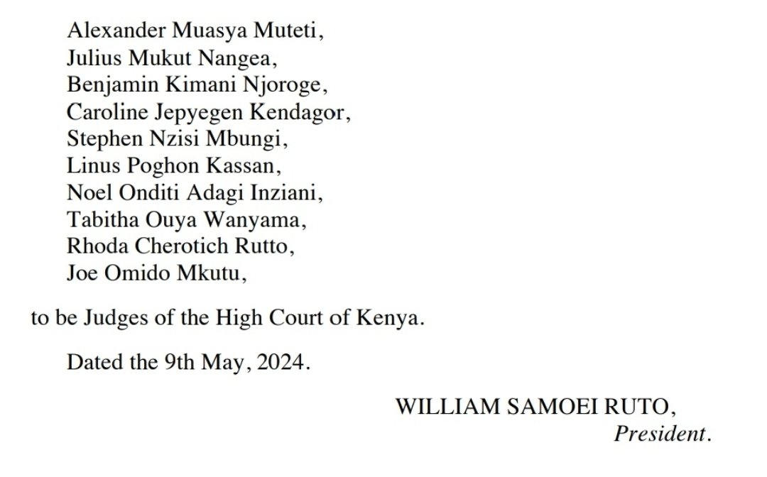 The President has appointed 20 Judges of the High Court of Kenya following recommendation by the Judicial Service Commission.
