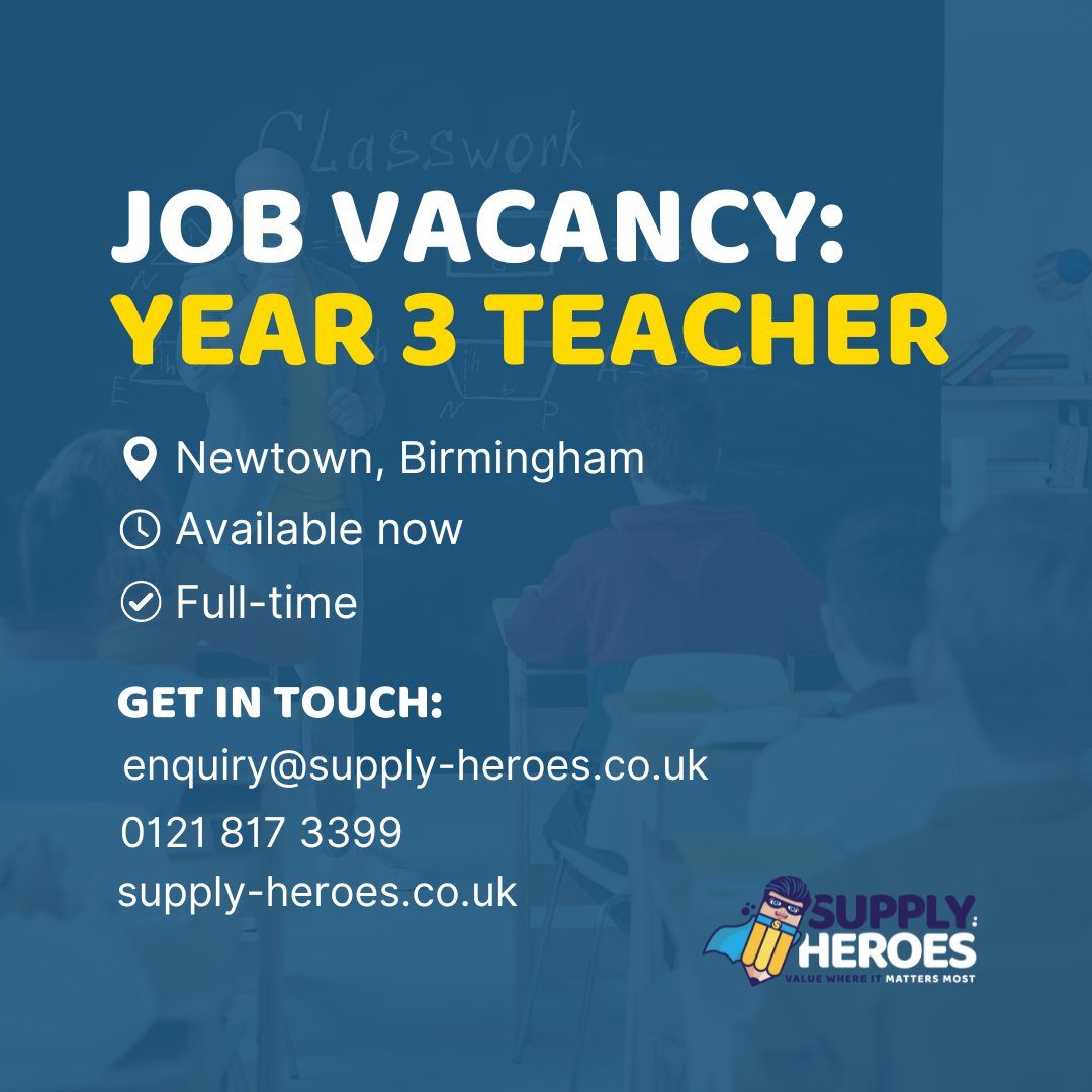 Take a look at our current #jobvacancies across the Midlands, including:   
✏️ #Year3Teacher, Full-time 
✏️ #Year1Teacher, Full-time 
✏️ #PPATeacher, 3 days 
✏️ #AssistantHeadteacher, Full/Part-time  
Upload your CV here: supply-heroes.co.uk/sign-up  

#BirminghamJobs #Teaching