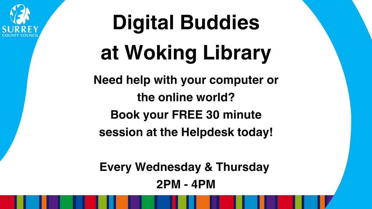 If you need help learning how to use your computer, phone, or tablet, then why not book in a quick session with one of our volunteer Digital Buddies! 💻 Just sign up at the Helpdesk for a 30 minute session! ❤️ @SurreyLibraries