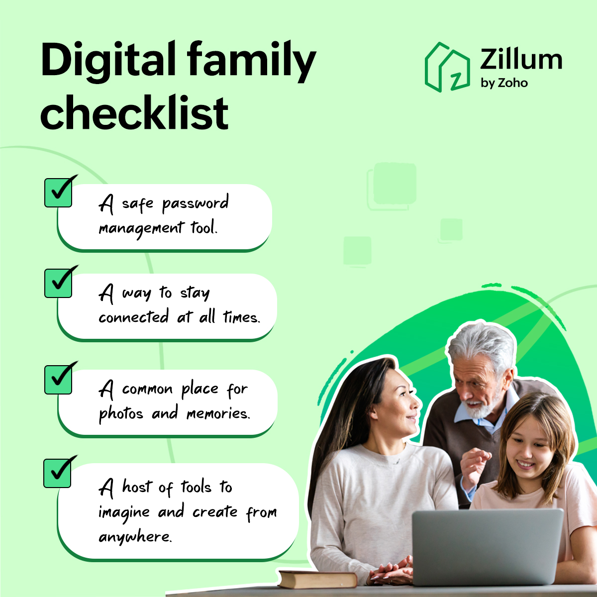 A digital space for your family can be useful in a variety of ways! 🏡 It stores your precious memories, encourages creativity, and keeps you connected. 🥰

Learn how Zillum can help you → zoho.to/WelcomeToZillum

Create the perfect digital space with the checklist below. 👇