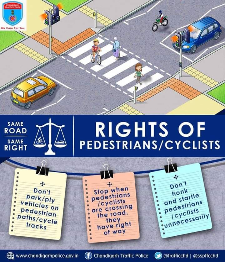 We should always respect the #rightofway of pedestrians🏃‍♂️🏃 & cyclists 🚴‍♂️🚴 Your throttle can make up for a slight delay. Let them go ahead. Don't threaten them with your 🔊 Be a caring fellow road user.
#MakeChandigarhHonkFree🔇
#sameroadsameright
#WeCareForYou