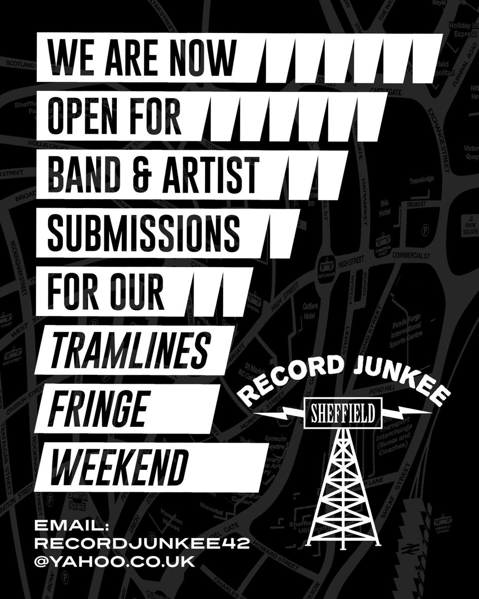 Record Junkee (@recordjunkee) on Twitter photo Artist Submissions are OPEN 💥
We are looking for ALL GENRES 🚨
Send your submissions with any videos, social links,
streaming links etc. & why you want to play at Record
Junkee ⚡
📆 26TH - 28TH JULY 2024
💻 recordjunkee42@yahoo.co.uk
#tramlines #recordjunkee #Sheffield Artist Submissions are OPEN 💥
We are looking for ALL GENRES 🚨
Send your submissions with any videos, social links,
streaming links etc. & why you want to play at Record
Junkee ⚡
📆 26TH - 28TH JULY 2024
💻 recordjunkee42@yahoo.co.uk
#tramlines #recordjunkee #Sheffield