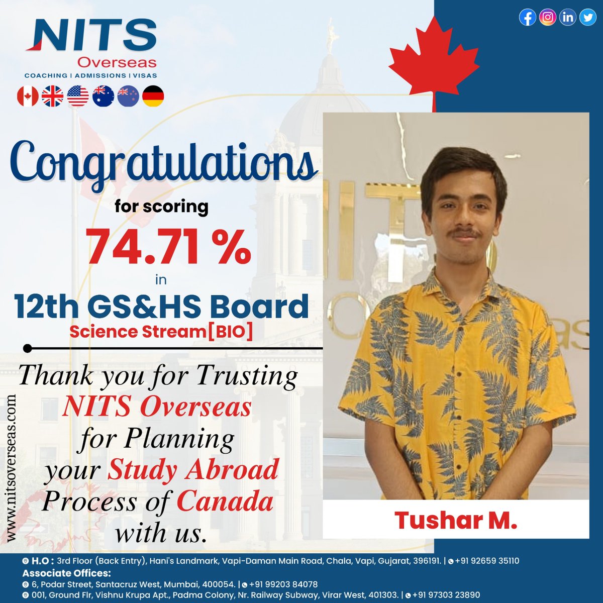 Congratulations, Tushar M.! 🎉 Your dedication to academic excellence is evident in your remarkable score of 74.71% in the 12th GS&HS board science stream (Bio). Keep up the amazing work! 🌟

📞: +91 9265935110

#congratulations #nitsoverseas #studyabroad #education
