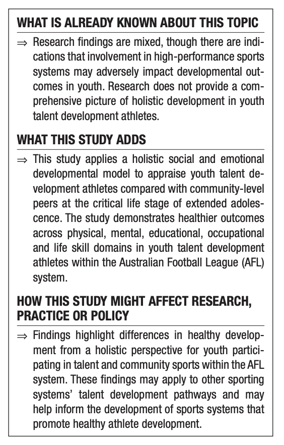 BMJOpenSEM's tweet photo. #NEW #OriginalResearch 💥 

Comparing the healthy development of youth Australian Rules Footballers across talent development and community settings 🏉 

By @LiamGraeme, @LaurenMFrancis_ &amp; team.

OA ARTICLE 👉🏼 https://t.co/BAfUGMc3mJ

#UnderTheSpotlight
#WeAreBOSEM https://t.co/ybkub9DqNr