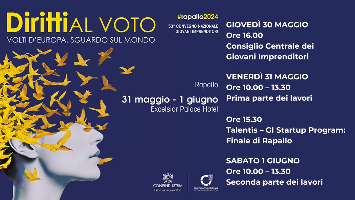 #Rapallo24 | Scopri tutti gli appuntamenti del nostro prossimo Convegno “Diritti al voto – Volti d’Europa, sguardo sul mondo”. Il 31 maggio e il 1 giugno unisciti a noi per una due giorni di dibattito e confronto con imprese, istituzioni e politica: 3reg.it
